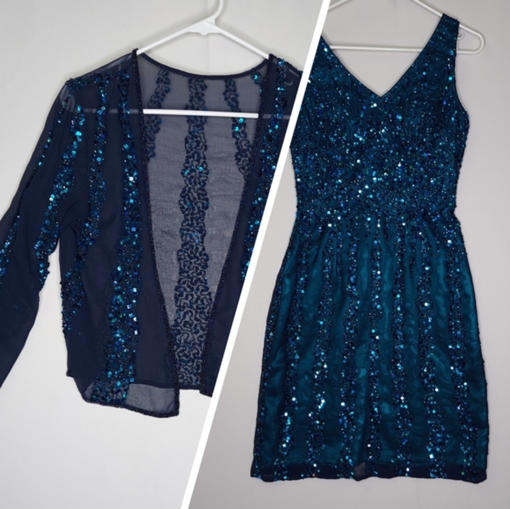 Shail K Vtg Sequin Dress Jacket Set Womens 6 Teal A-Line Chiffon Bolero Party